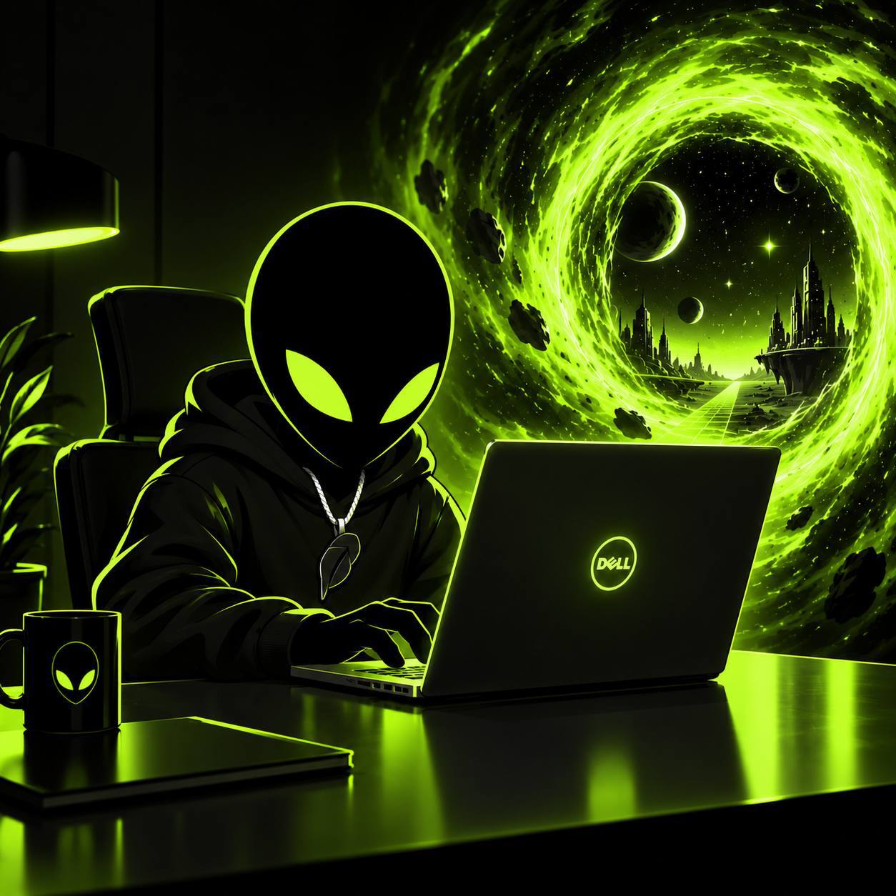 The alien using a laptop beside an open portal to another world