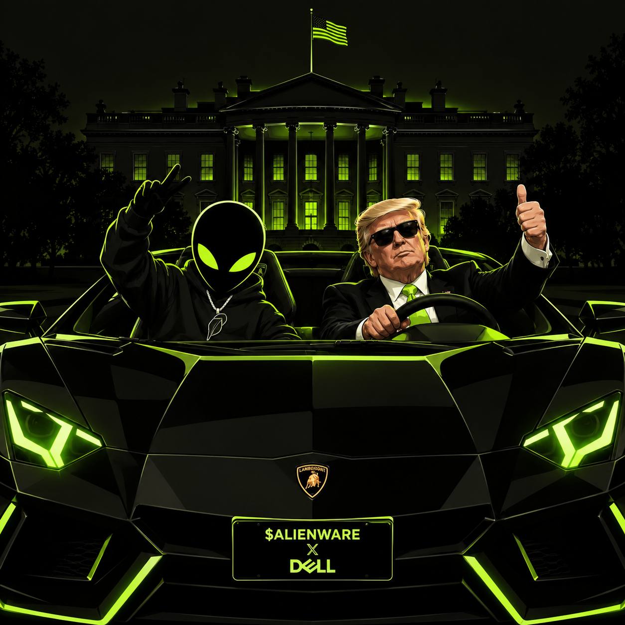Parody artwork of the alien and Donald Trump in a lime-trimmed supercar outside the White House