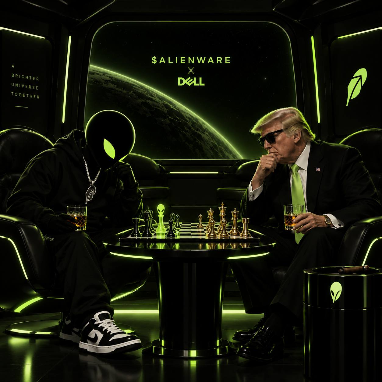 Parody artwork of the alien and Donald Trump playing chess in a spaceship lounge