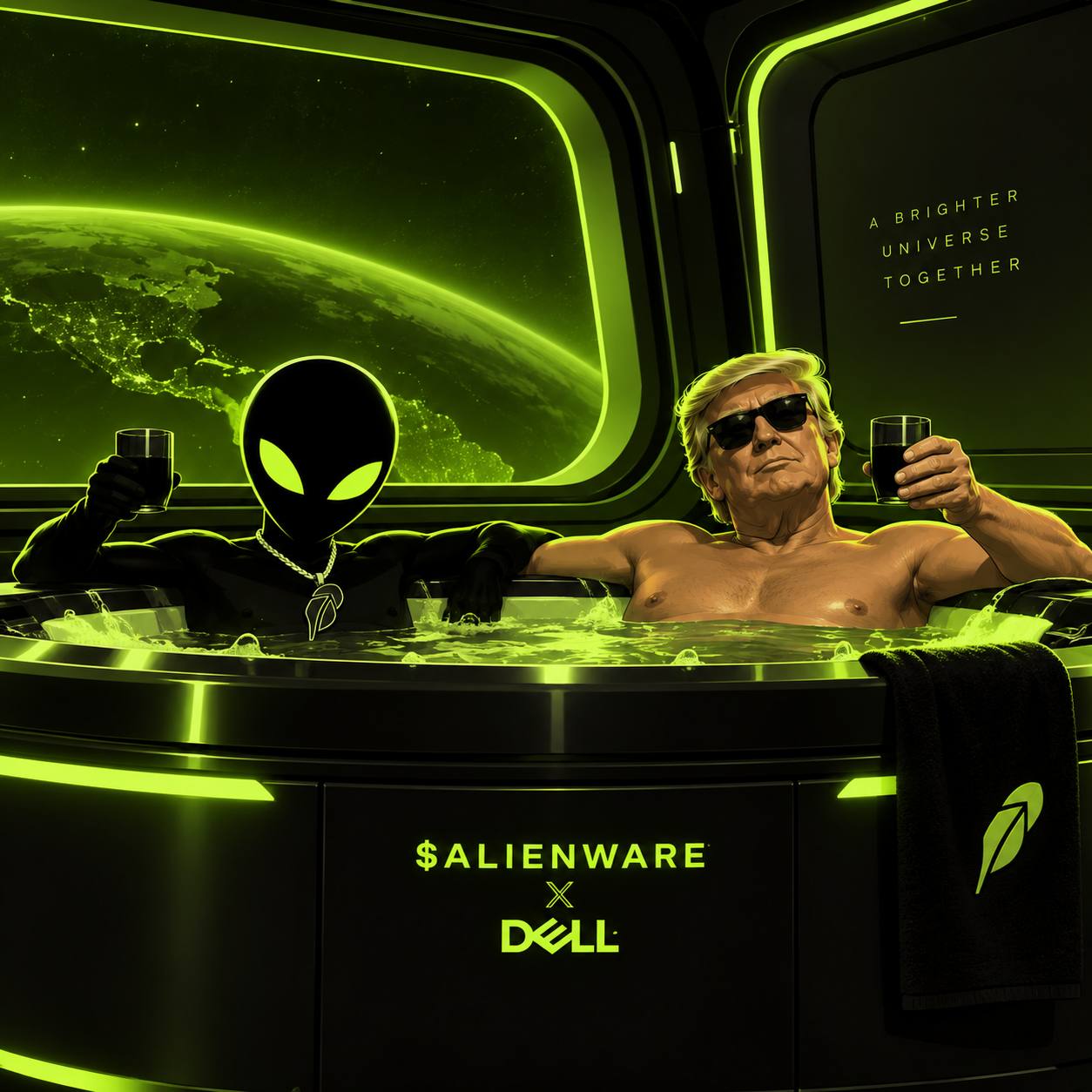 Parody artwork of the alien and Donald Trump relaxing in a spaceship hot tub overlooking Earth