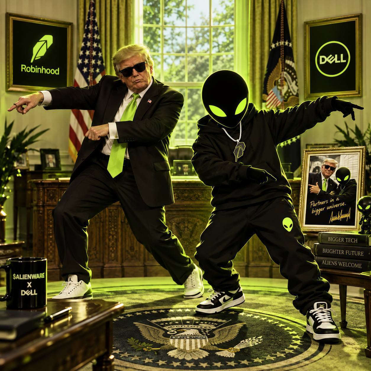 Satirical artwork of the alien and Donald Trump dancing in the Oval Office