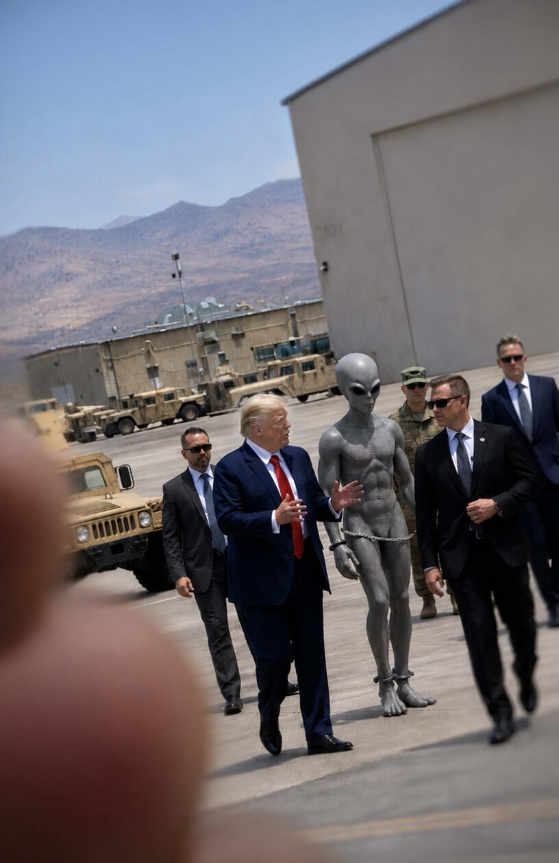 Fictional meme image showing Donald Trump walking beside a gray alien at a military-style facility